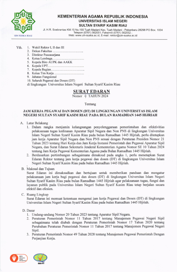 Surat Edaran No 9 Tahun 2024 tentang Jam Kerja Pegawai dan Dosen (DT) di Lingkungan Universitas Islam Negeri Sultan Syarif Kasim Riau pada Bulan Ramadhan 1445 Hijriah
