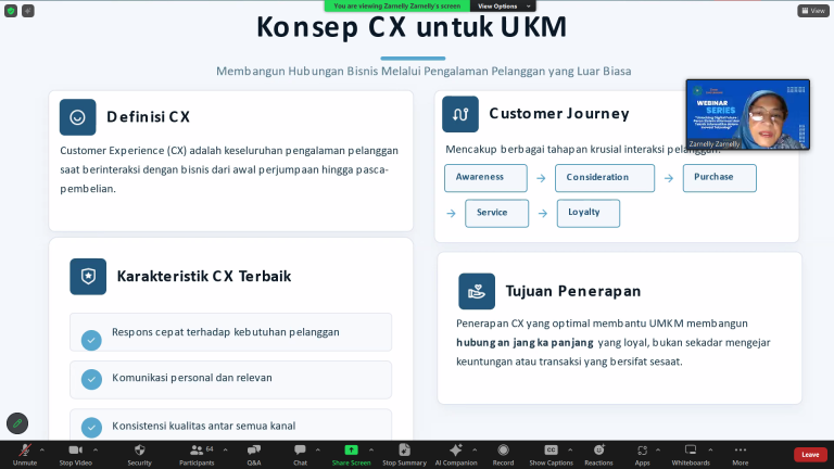 Sesi teknis webinar di mana Ibu Zarnelly detail membedah rancangan sistem pemasaran digital, mulai dari logika bisnis hingga visualisasi data, sebagai solusi modern bagi UMKM di era digital